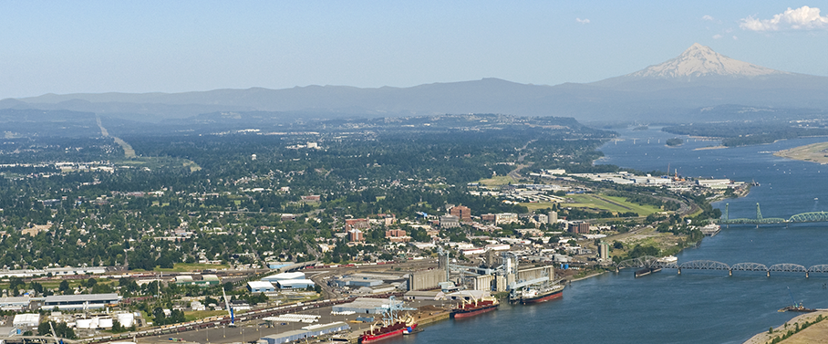 Aerial View of the Columbia River, Mt. Hood, and Vancouver, Washington